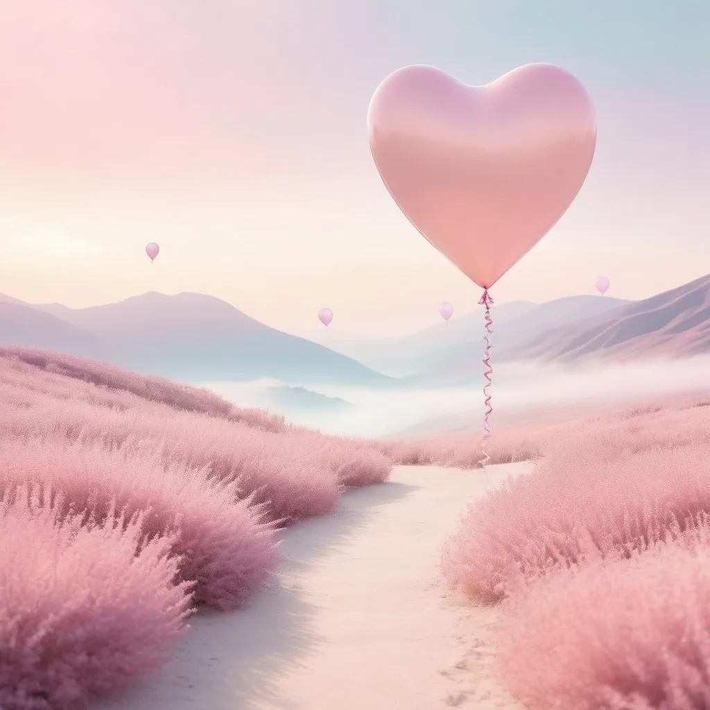 Prompt: Heart-shaped balloon sculpture in a dreamy pastel landscape, soft and whimsical, high quality, pastel colors, dreamy lighting, balloon sculpture, romantic, airy atmosphere, whimsical, airy, soft pastels, dreamy landscape, highres