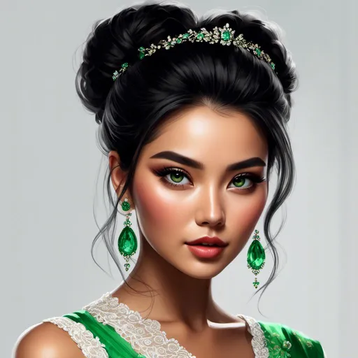 Prompt: <mymodel>Detailed illustration of a asian woman in vibrant green attire, large vivid green eyes, elegant makeup, digital painting, high resolution, realistic style, vibrant green, professional lighting