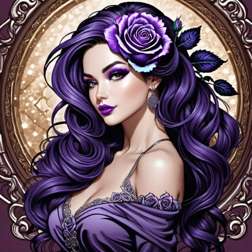 Prompt: Cosmic Epic Beauty, Beautiful and Gorgeous, purple roses in hair