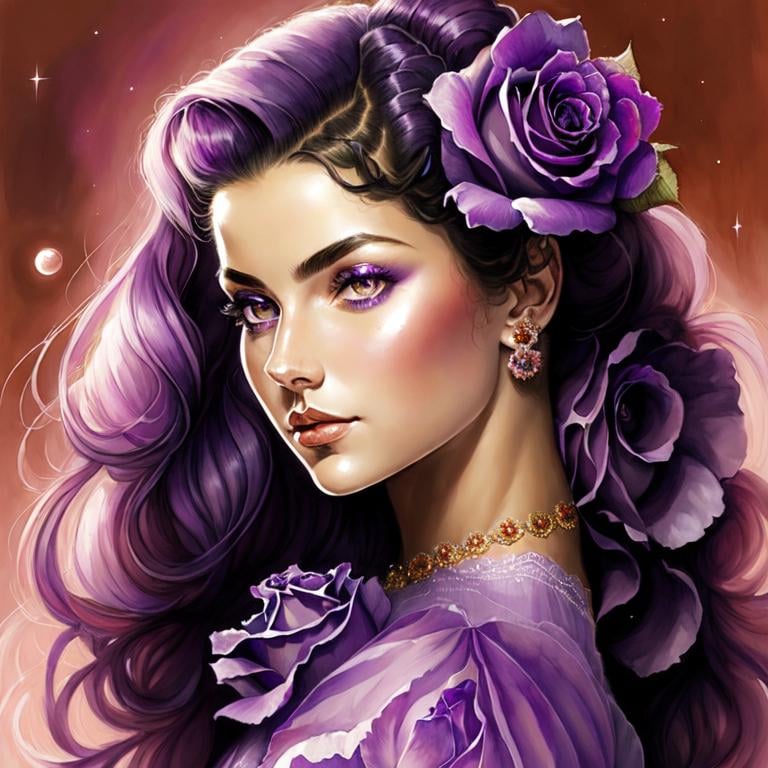 Prompt: Cosmic Epic Beauty, Beautiful and Gorgeous, purple roses in hair