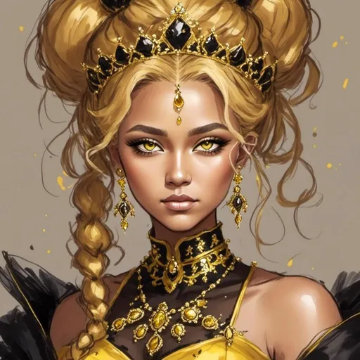 Prompt: Queen bee-A beautiful woman with golden hair arrainged in a top knot behind a gold tiara. Amber colored eyes, gown in colors of yellow and black, facial closeup<mymodel>