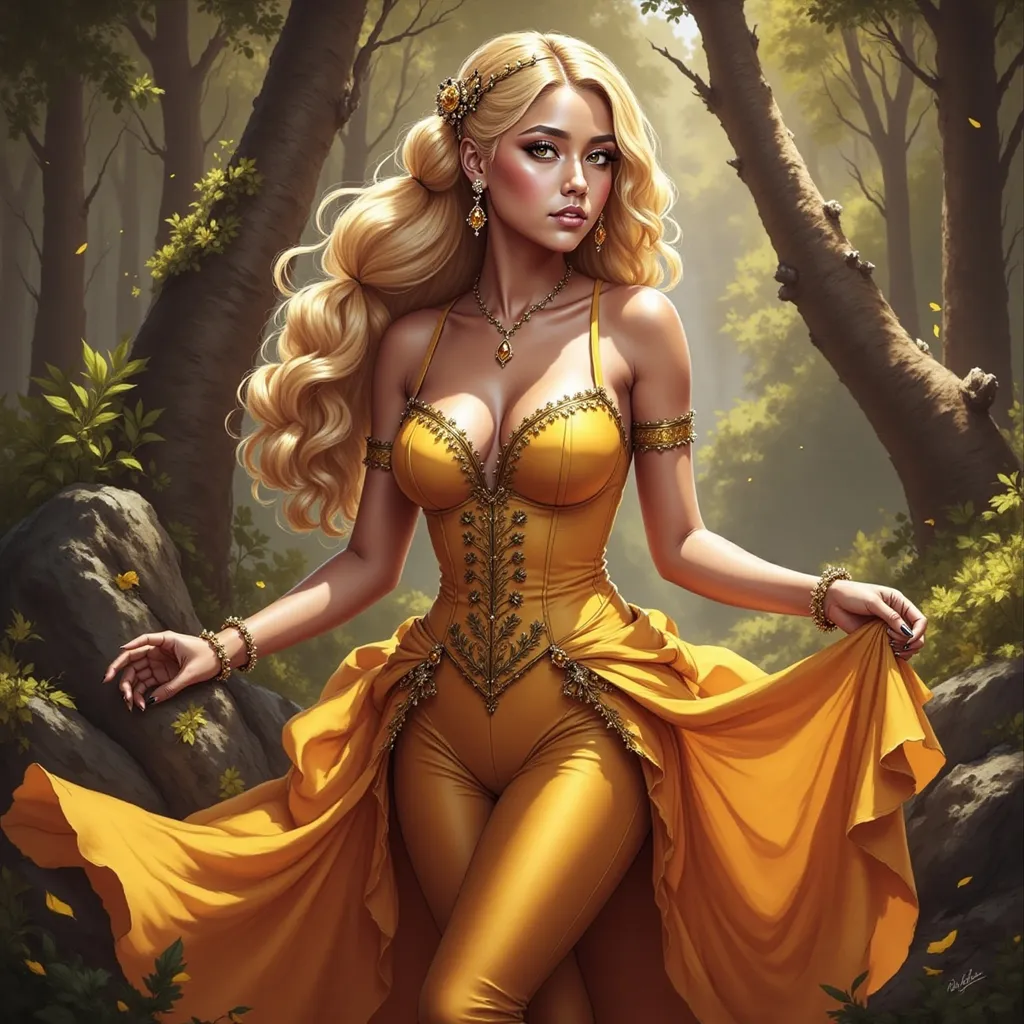 Prompt: a beautiful blonde woman in a y flowing ellow dress in a forest with trees and rocks in the background, Charlie Bowater, fantasy art, fantasy artwork, a detailed painting