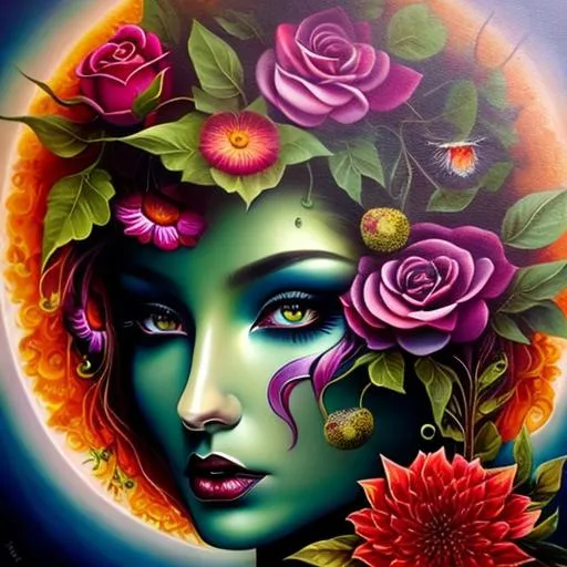 Prompt: Beautiful  hybrid woman with flowers sprouting from her, oil painting, detailed fiery eyes, ethereal glow, dark and mysterious, high quality, vibrant colors, surreal, haunting, intricate floral details, intense gaze, mystical atmosphere, oil painting, demon, hybrid, fiery eyes, ethereal, vibrant colors, surreal, haunting, floral details, intense gaze, mystical atmosphere