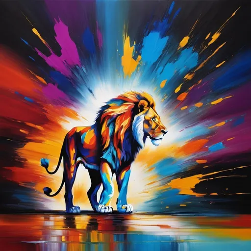 Prompt: Abstract surrealism painting of a majestic lion, vibrant and bold brushstrokes, exaggerated features, vivid colors, dreamlike atmosphere, high quality, surrealism, vibrant colors, abstract art, majestic lion, dreamlike, bold brushstrokes