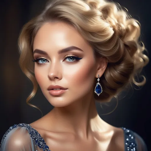 Prompt: gorgeous woman, glamorous makeup, sparkling sapphire jewelry, radiant and elegant pose, golden hour lighting, soft warm tones, captivating expression, high-quality portrait, luxurious atmosphere, intricately designed outfit, softly blurred background, ultra-detailed features, elegant ambiance, showcasing sophistication and beauty, luscious hair flowing elegantly.