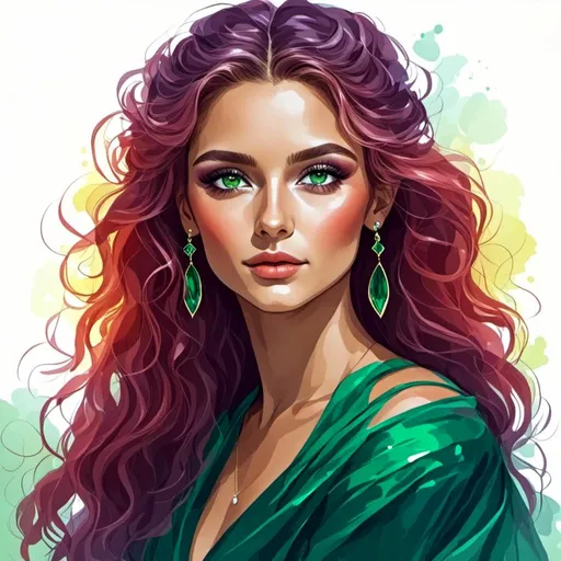 Prompt: <mymodel>Detailed illustration of a woman in vibrant green attire, large vivid green eyes, elegant makeup, digital painting, high resolution, realistic style, vibrant green, professional lighting