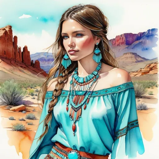 Prompt: Watercolor and pen sketch of a young woman in southwestern style, turquoise jewelry, flowing attire, intricate details, vibrant colors, high quality, southwest art, watercolor, pen sketch, detailed jewelry, flowing attire, vibrant colors, beautiful woman, high quality imagery, professional, atmospheric lighting