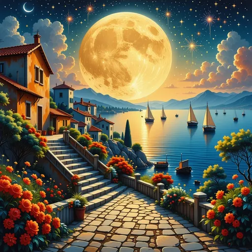 Prompt: Beneath a vibrant sky lit by a large, glowing sun and a crescent moon, a charming seaside village bursts with color and life. Houses in warm oranges, yellows, and blues ascend gently along winding paths, framed by lush greenery and blooming flowers, while a staircase leads towards a garden filled with red blossoms. In the harbor, small boats sail smoothly across the shimmering water, their white sails catching the evening light. Above, a magnificent display of fireworks erupts in a cascade of colorful sparks, infusing the tranquil scene with a festive atmosphere that suggests celebration and joy. The overall mood reflects a harmonious blend of nature and manmade beauty, capturing a serene yet lively coastal community under a stunning sunset.