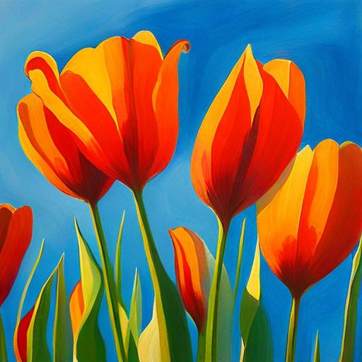 Prompt: Painting of tulips in sunlight light blue sky