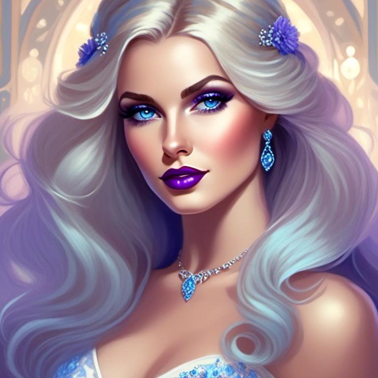 Prompt: <mymodel>Beautiful ethereal woman, long blonde hair,and icy blue eyes color, purple lipstick, facial closeup