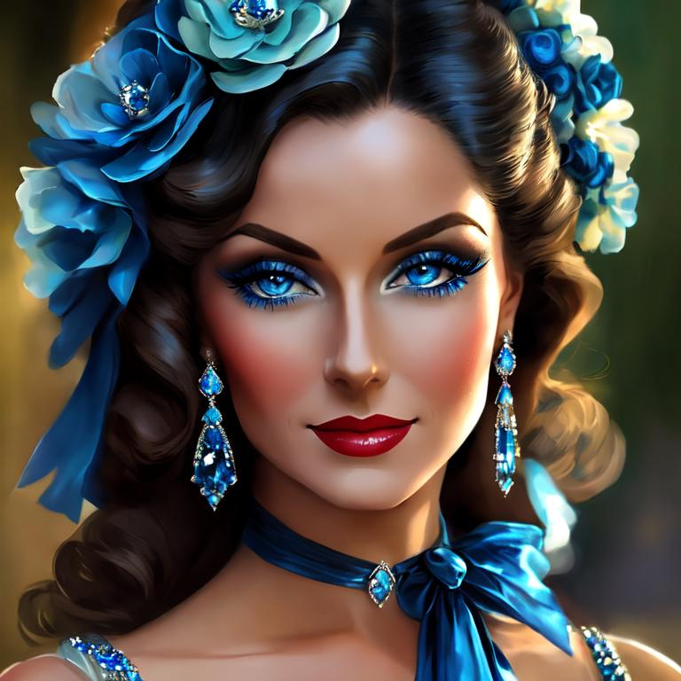 Prompt: Glamorously dressed lady of rhe 1930's wearing sapphire jewelry,blue eyes