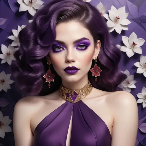 Prompt: A striking figure with flowing, wavy hair in shades of purple captivates attention against a backdrop of blooming flowers. The character's smooth, porcelain-like skin is accentuated by bold makeup, featuring deep red lips and dramatic eye makeup that enhances her piercing gaze. Dressed in a chic, revealing top adorned with geometric patterns, she wears elegant, dangling earrings that complete her sophisticated look. The vibrant color scheme combines greens, purples, and soft pinks, with a cleverly balanced composition that draws the viewer’s eye towards her serene yet commanding expression. This artistic piece radiates a sense of both elegance and whimsy, inviting deeper reflection on beauty and nature's intricate designs.
