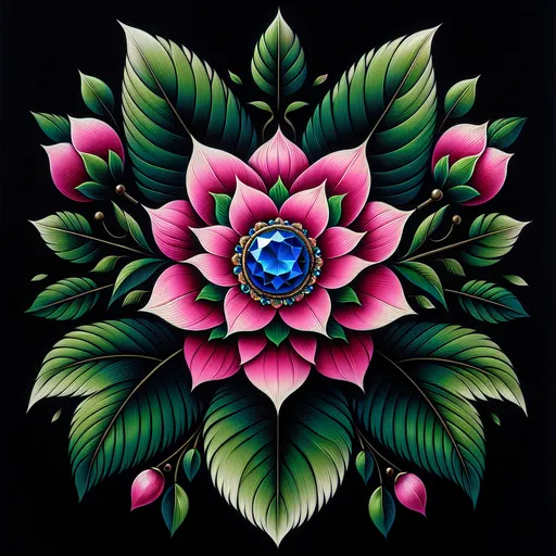 Prompt: a painting of a pink flower with green leaves on a black background with a blue sapphire jewel center surrounded by green leaves, Anne Stokes, cloisonnism, highly detailed oil painting, an airbrush painting