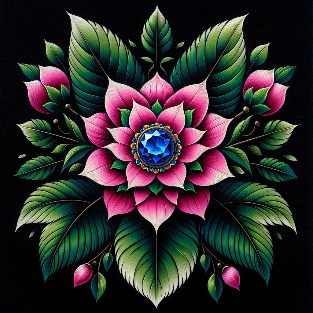 Prompt: a painting of a pink flower with green leaves on a black background with a blue sapphire jewel center surrounded by green leaves, Anne Stokes, cloisonnism, highly detailed oil painting, an airbrush painting