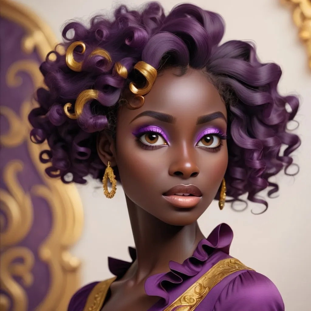 Prompt: Beautiful dark skinned lady wearing purple and gold, hair in soft curls