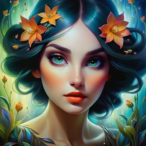 Prompt: Beautiful  hybrid woman with flowers sprouting from her, oil painting, ethereal glow, dark and mysterious, high quality, vibrant colors, surreal, haunting, intricate floral details, intense gaze, mystical atmosphere, oil painting,  ethereal, vibrant colors, surreal, haunting, floral details, intense gaze, mystical atmosphere