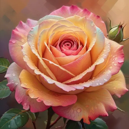 Prompt: Multicolor rose, digital painting, vibrant petals, intricate details, high quality, impressionist style, warm tones, soft lighting