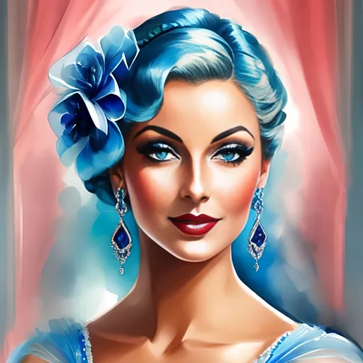 Prompt: Glamorously dressed lady of rhe 1930's wearing sapphire jewelry,blue eyes