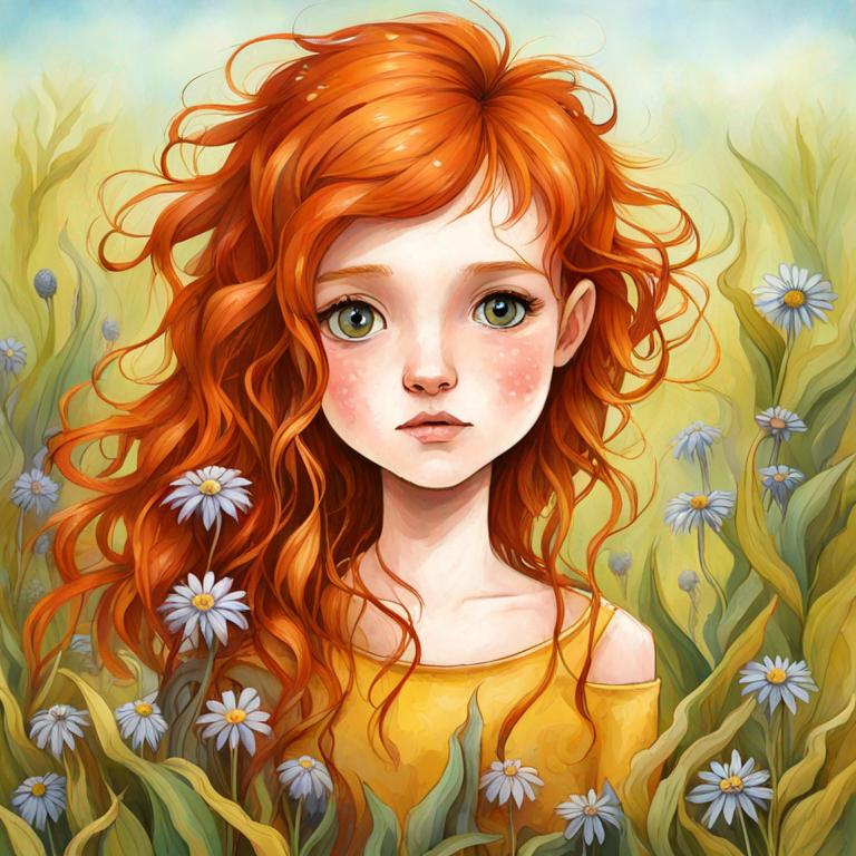 Prompt: ginger haired girl, large eyes,wildflowers