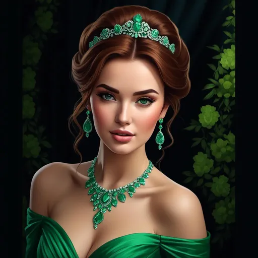 Prompt: <mymodel>Detailed illustration of a woman in vibrant green attire, large vivid green eyes, elegant makeup, digital painting, high resolution, realistic style, vibrant green, professional lighting