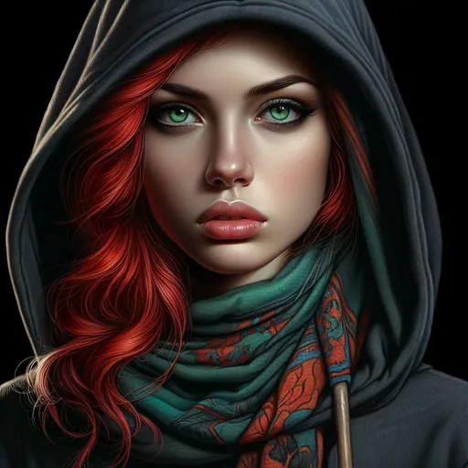 Prompt: a painting of a woman with red hair and green eyes, with a scarf around her neck and a hood on, Anne Stokes, gothic art, highly detailed digital painting, a photorealistic painting