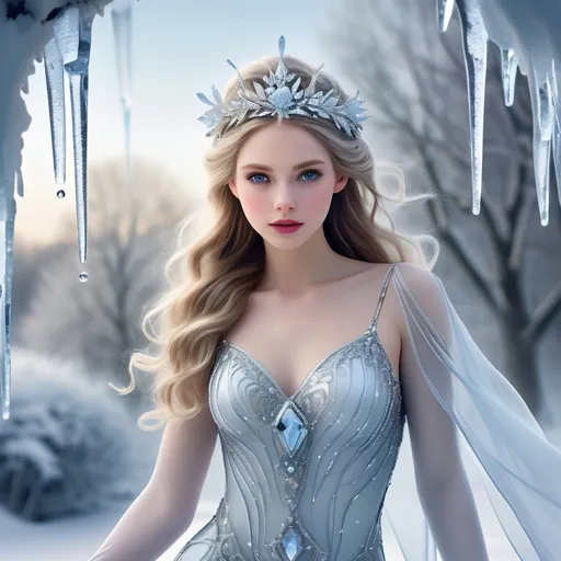 Prompt: Ice princess, enchanting and ethereal figure adorned in a shimmering gown of frosty blues and silvers, surrounded by delicate snowflakes and glistening icicles, radiating a quiet, serene beauty, set against a backdrop of a wintry landscape, soft and magical ambiance, capturing the essence of winter’s elegance, ultra-detailed, high definition.