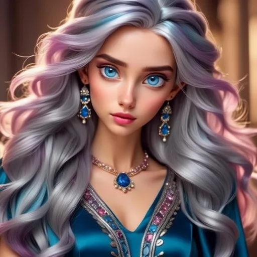 Prompt: <mymodel>a Sapphire lady, feminine elegant princess ,  dark hair, large blue eyes, wearing jewls in her hair,  beautiful makeup, blue eyeshadow, dark pink lipstick, facial closeup
