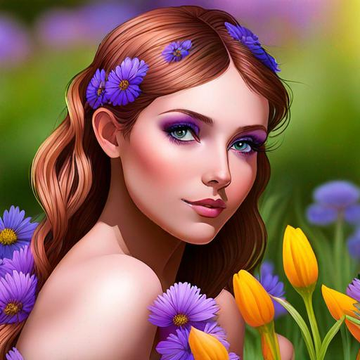 Prompt: a fairy of spring, ,wildflowers, vivid colors,  facial closeup