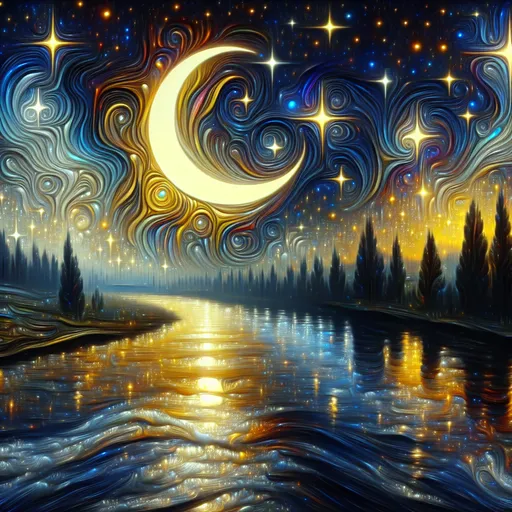 Prompt: a quirky, colorful painting of a night sky with a crescent and stars above a river and trees with a moon in the sky, Chris LaBrooy, fantasy art, highly detailed digital painting, a detailed painting