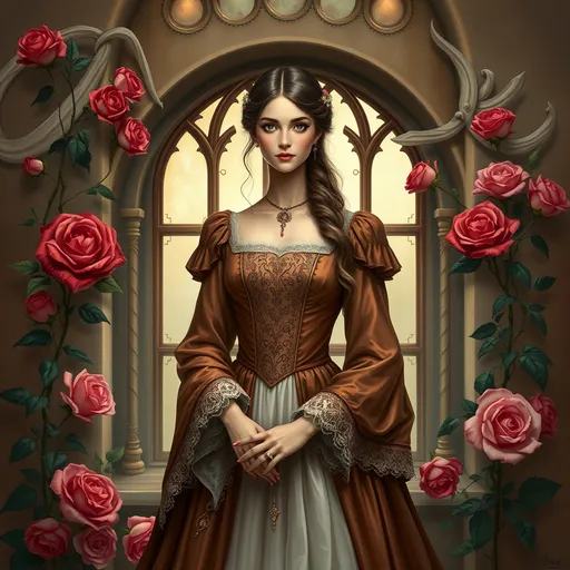 Prompt: a princess in a 11th century dress standing in front of a window with roses around her. Anne Stokes, fantasy art, highly detailed digital painting, a character portrait