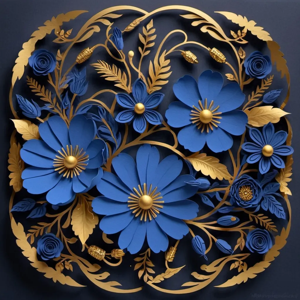 Prompt: blue flowers with gold