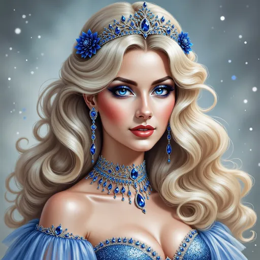 Prompt: a woman with a tiara and snow flakes on her head and a blue dress with a tiara, Charlie Bowater, fantasy art, highly detailed digital painting, a photorealistic painting