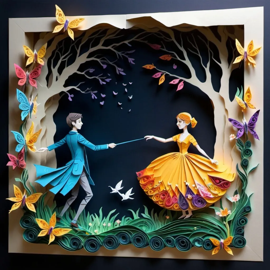 Prompt: Crafted through origami and quilling, a 3D masterpiece emerges. Two figures dance in a sea of folded colors, petals gracefully scattering. A fairytale garden forms, blending symbolism and magic. The play of light and structure adds depth, transcending traditional boundaries. 