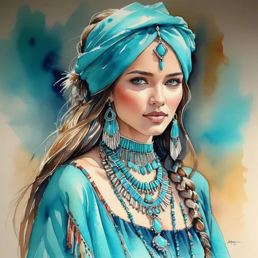 Prompt: <mymodel> Watercolor and pen sketch of a young woman in southwestern style, turquoise jewelry, flowing attire, intricate details, vibrant colors, high quality, southwest art, watercolor, pen sketch, detailed jewelry, flowing attire, vibrant colors, beautiful woman, high quality imagery, professional, atmospheric lighting