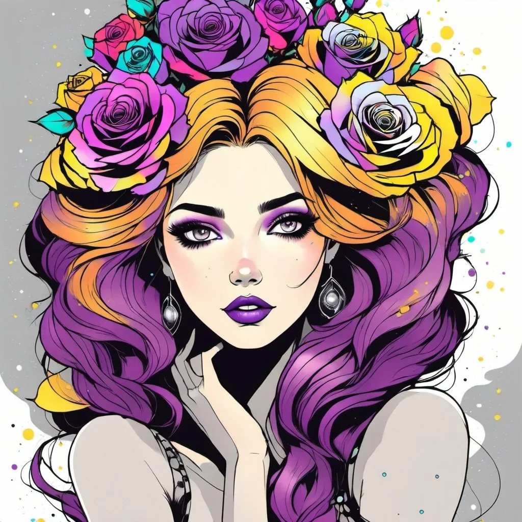 Prompt: Cosmic Epic Beauty, Beautiful and Gorgeous, purple roses in hair