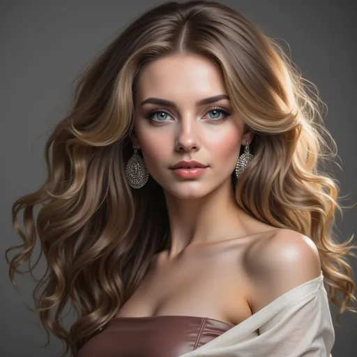 Prompt: With flowing, voluminous blonde curls cascading over her shoulders, the striking figure exudes a glamorous allure. She wears a form-fitted dress in a rich burgundy, its sleek, leather-like texture accentuating her silhouette, and the deep neckline adds a touch of sophistication. Set against a backdrop of muted, modern architecture, the scene suggests an upscale urban environment, bathed in soft, natural light that enhances the elegant ambience. Her flawless makeup, featuring bold red lips and captivating blue eyes, contributes to the dramatic yet refined mood. The overall composition captures a blend of modern fashion and timeless beauty, creating a narrative of confidence and allure.