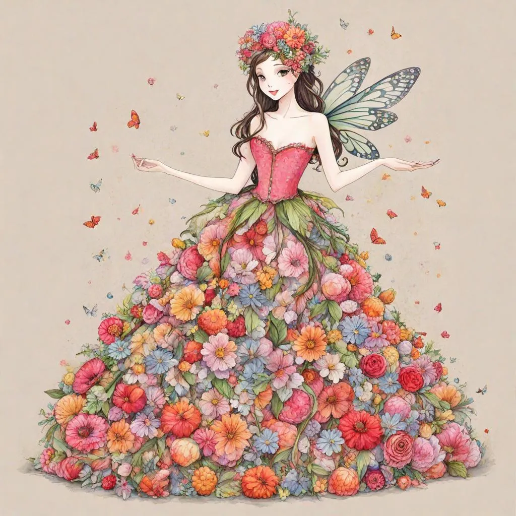 Prompt: a fairy with a dress made of flowers