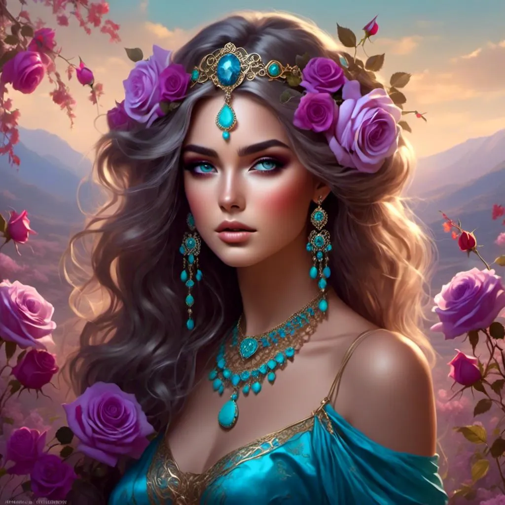 Prompt: <mymodel>Cosmic Epic Beauty, Beautiful and Gorgeous, purple roses in hair and wearing turquoise jewelry