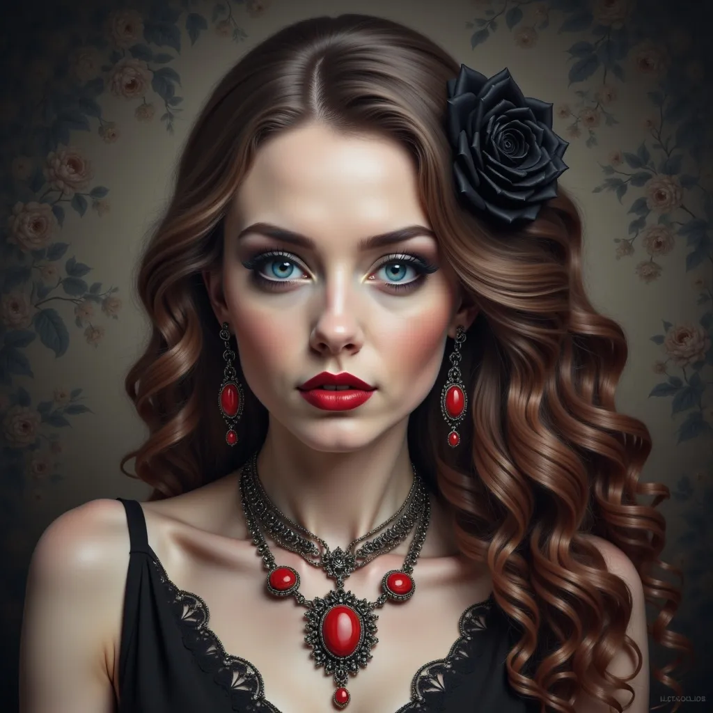 Prompt: a woman with long hair and a necklace on her neck and a red lipstick on her cheek and a black dress, Carla Wyzgala, gothic art, highly detailed digital painting, a photorealistic painting