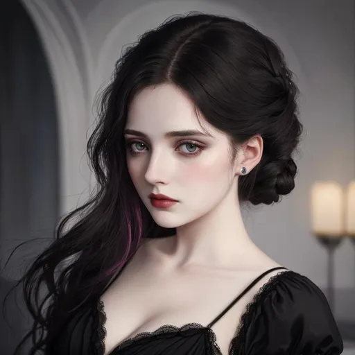 Prompt: 3rd class  female passenger on the Titanic, pale skin, dark styled hair, large lips,  looking sad, facial closeup, vibrant colors, black dress
