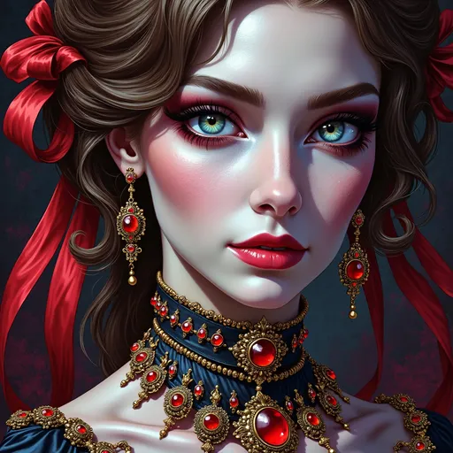 Prompt: a woman with a red bow and blue eyes wearing a necklace and earriings with red jewels, Edwin Georgi, gothic art, highly detailed digital painting, a photorealistic painting