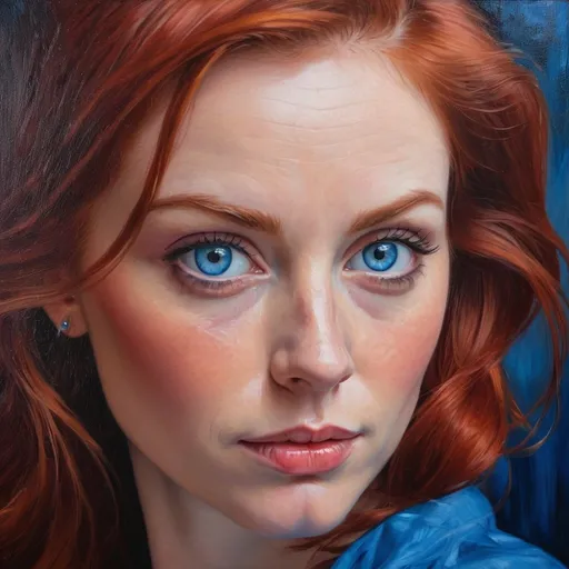 Prompt: Facial closeup of a lady in red, auburn hair, piercing blue eyes, highres, detailed, oil painting, vibrant colors, intense gaze, elegant, dramatic lighting