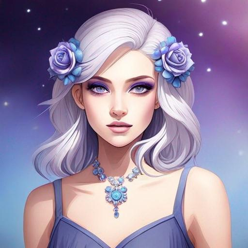 Prompt: A beautiful woman, white hair with pastel purple highlights, violet eyes, blue eyeshadow, pastel blue roses in her hair, blue jewels on forehead, cartoon style