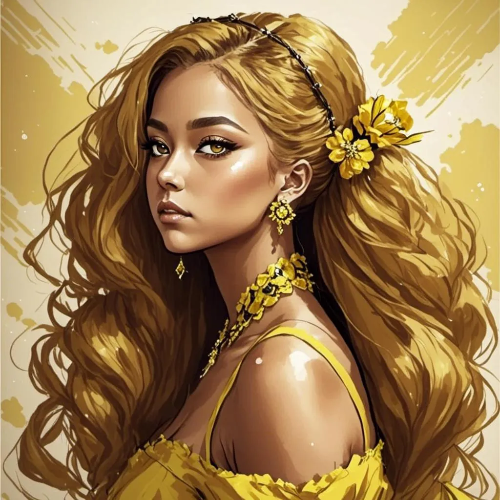 Prompt: <mymodel><mymodel>Bumbleigh Bee. pretty lady wearing a flowing yellow dress