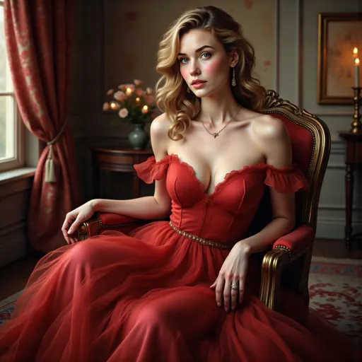 Prompt: An elegant lady in a red eveng gown. She is sitting in a chair in a luxurious room