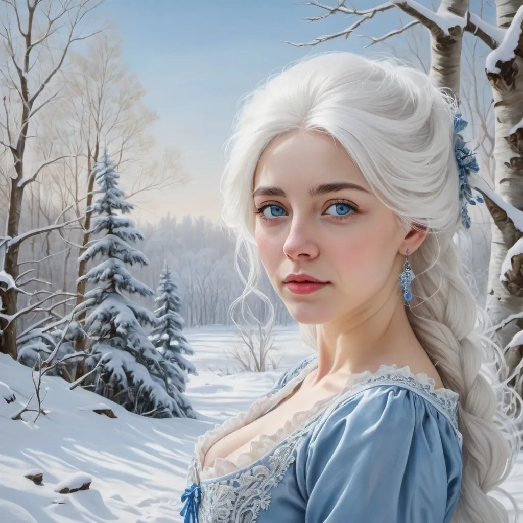 Prompt: a woman with blue eyes and white hair in the snow with trees in the background and snow on the ground, Elina Karimova, rococo, white hair, a photorealistic painting