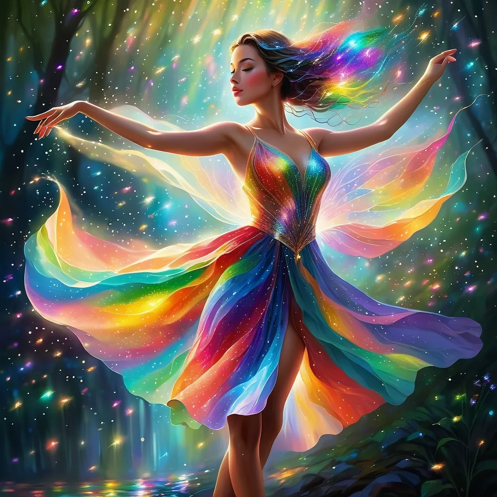 Prompt: A luminous, etherel mesmerizing woman walks among sparkling fireflies, her skin shimmering with a rainbow of colors. She possesses an otherworldly beauty.  This enchanting scene is depicted in a digitally painted illustration, each brushstroke capturing the magical essence of the scene. The vivid colors and exquisite details make this image a truly mesmerizing piece of art.