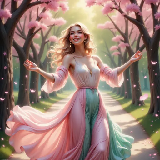 Prompt: Radiating joy amidst a breathtaking springtime scene, a young woman dances along a picturesque path adorned with blossoming cherry trees. Her flowing gown, a delicate gradient of soft pink and mint green, billows around her as she twirls, emphasizing her carefree spirit and vibrant smile. The light filters through the petals, casting a warm glow that enhances the lively atmosphere, while the dappled sunlight illuminates her golden hair, adding to the enchanting ambiance. This serene moment encapsulates the bliss and renewal of the season, evoking a sense of freedom and happiness in nature's embrace.
