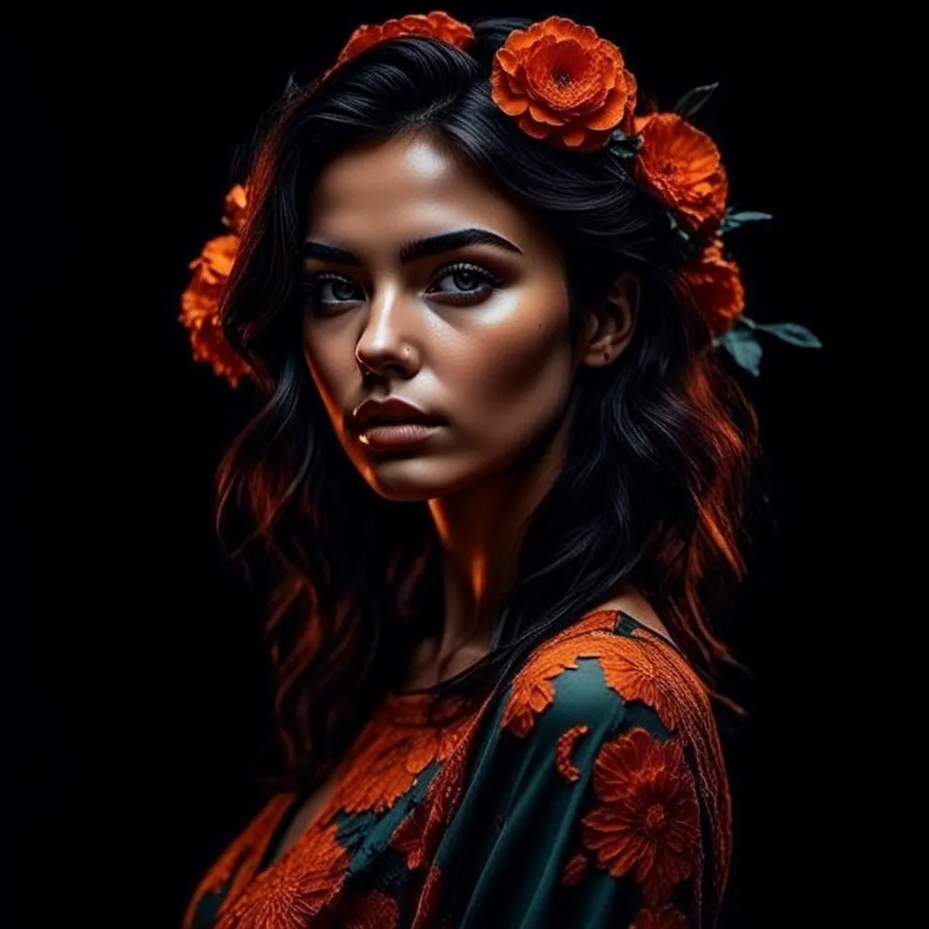 Prompt: <mymodel>young woman with an orange flower in her hair