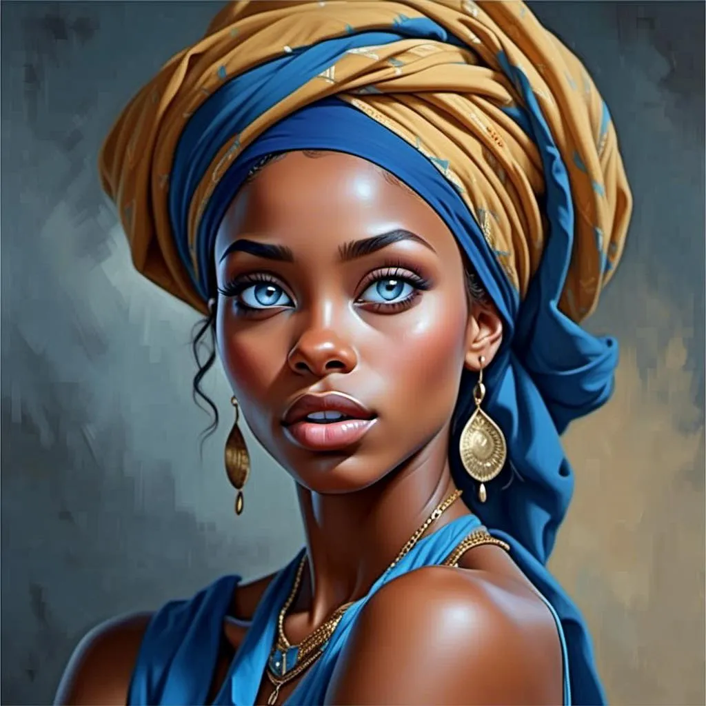 Prompt: <mymodel> a painting of a woman wearing a blue head scarf and a blue necklace with a gold chain around her neck, Chinwe Chukwuogo-Roy, photorealism, highly detailed digital painting, a photorealistic painting